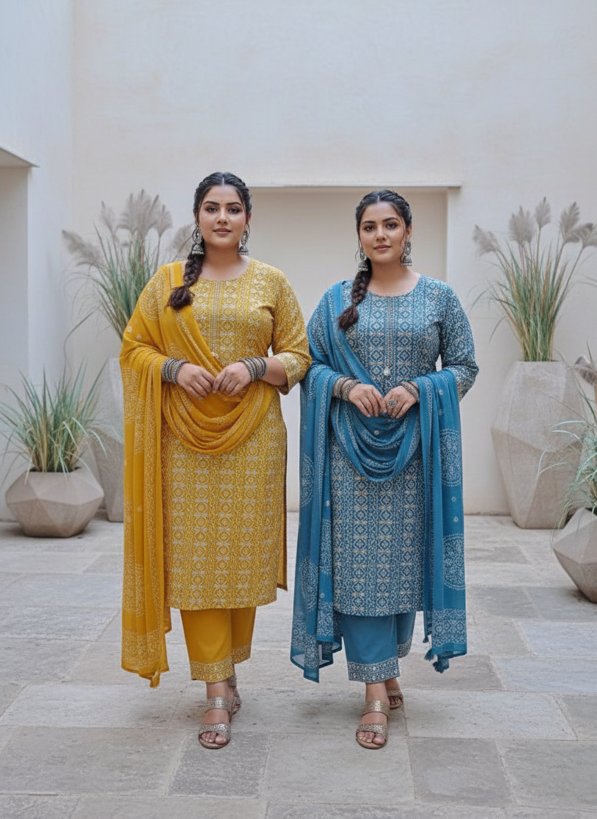 Royal Blue Plus size Bandhani Kurta Set