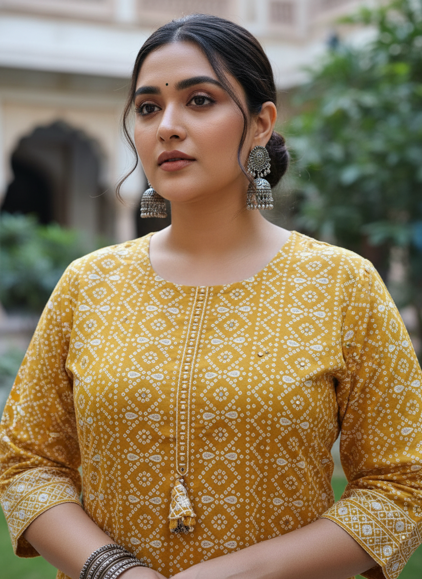 Yellow Bandhani Plus Size Cotton Kurta Set