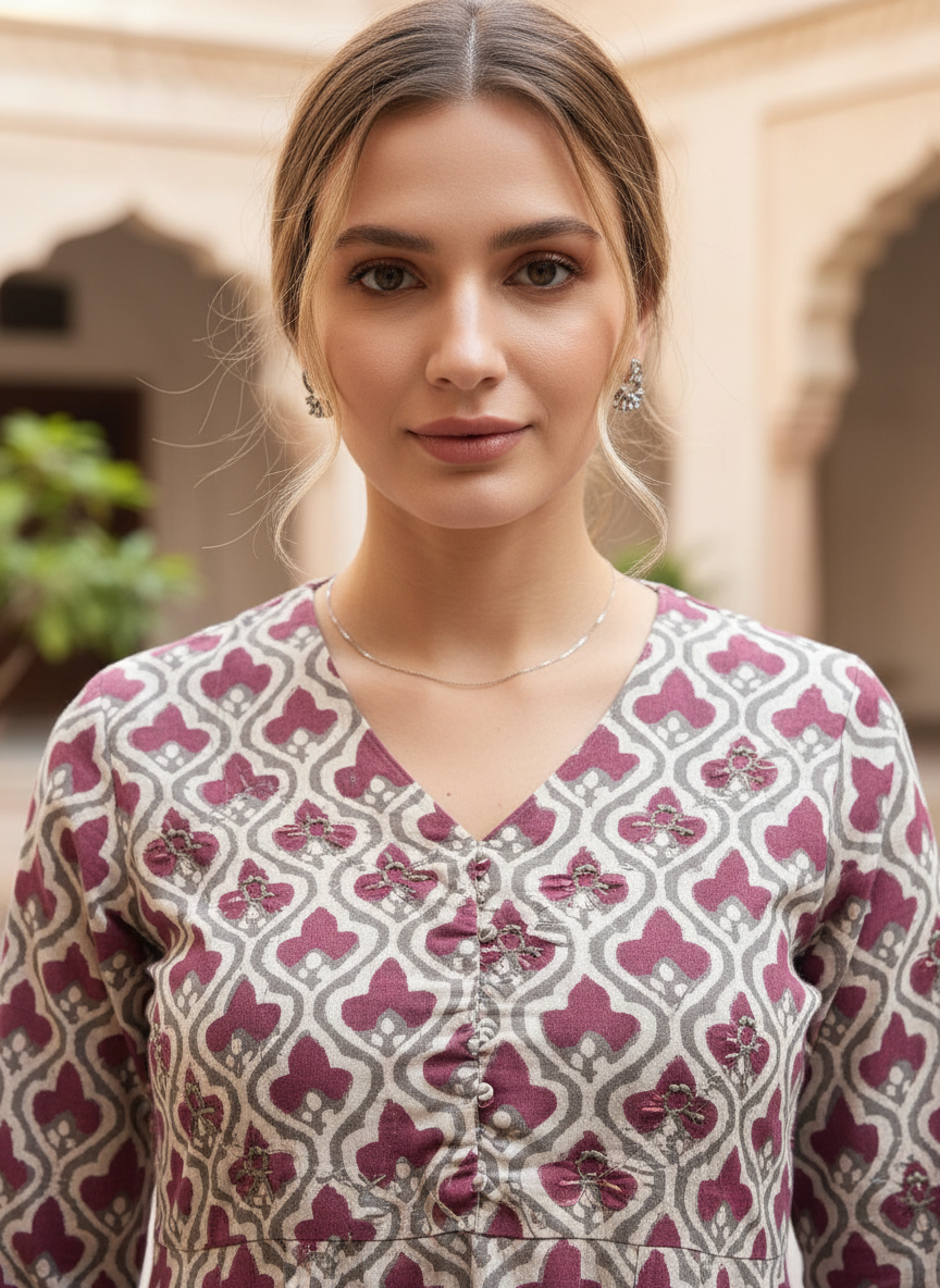 Ivory Rose Printed A-Line Cotton Kurta Set