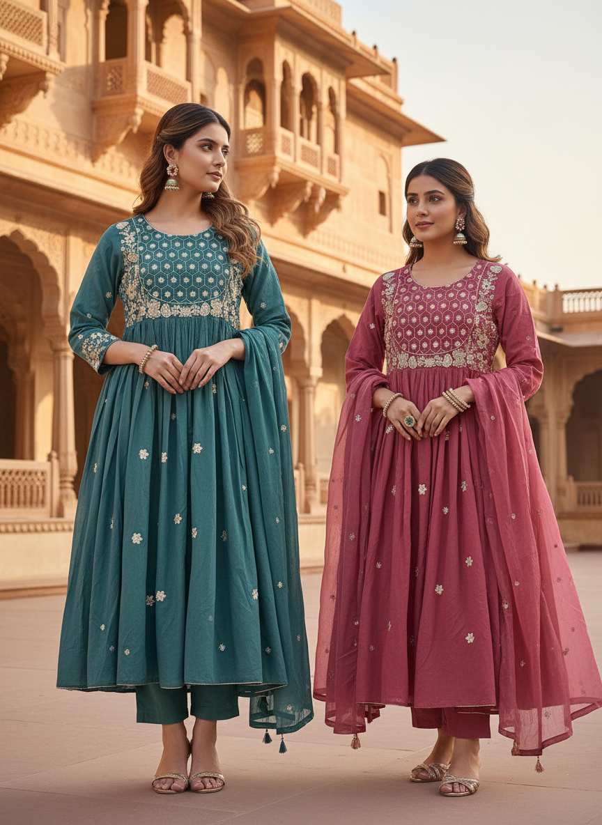 Teal Green Noor Embroidered Cotton 3-Piece Anarkali Kurta Set