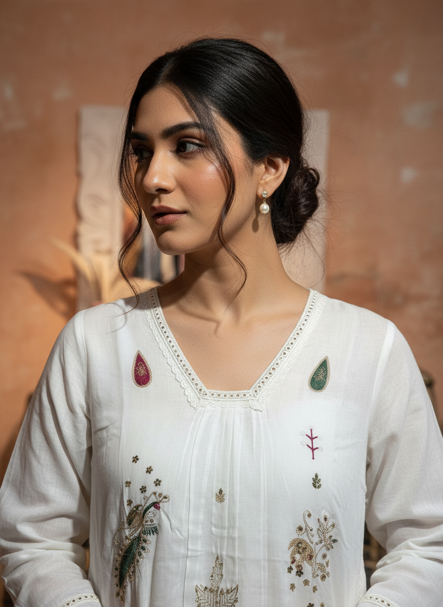 Ivory Noor Hand-Embroidered Festive Kurta Set