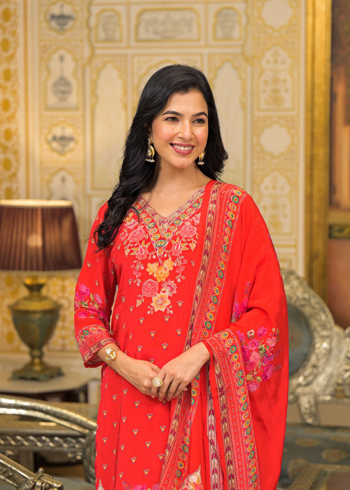 Premium Crepe Phulkaari Red Suit Set - A Vibrant Expression of Festive Craftsmanship