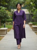 Royal Purple Cotton Kurta With Mirror Yoke