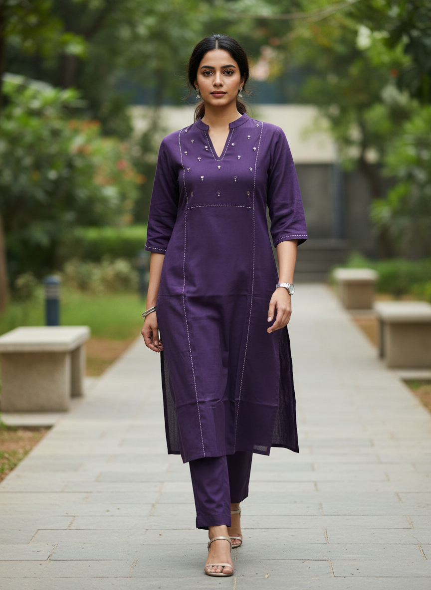 Royal Purple Cotton Kurta With Mirror Yoke