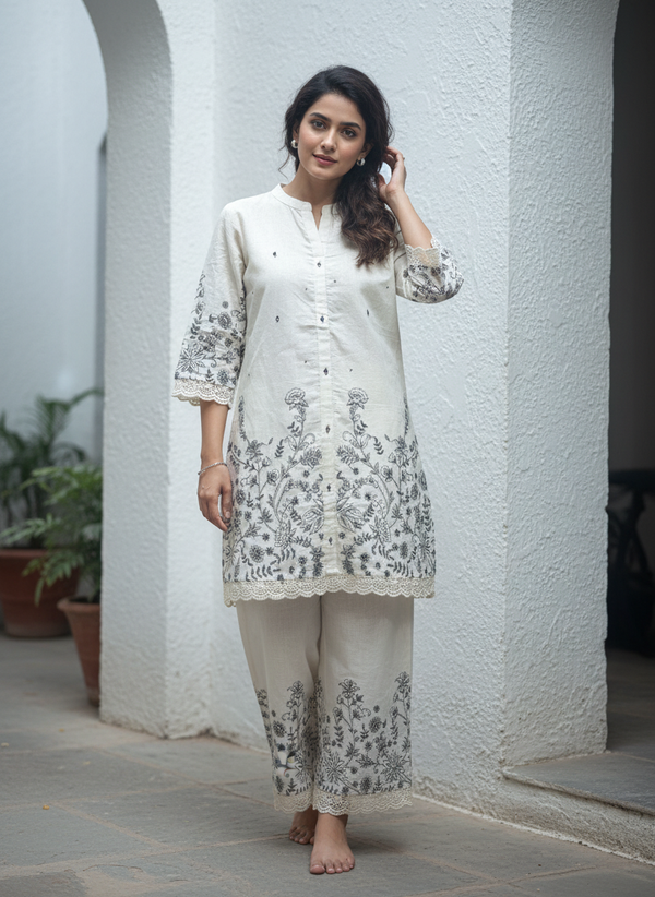 Lavender Floral Embroidered Cotton Co-Ord Set