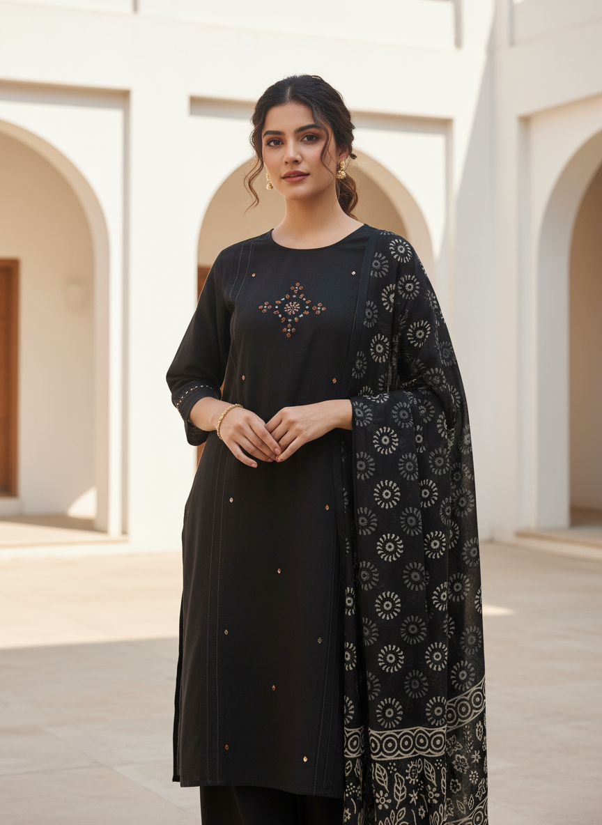 Midnight Black Noor Mirrorwork Suit Set