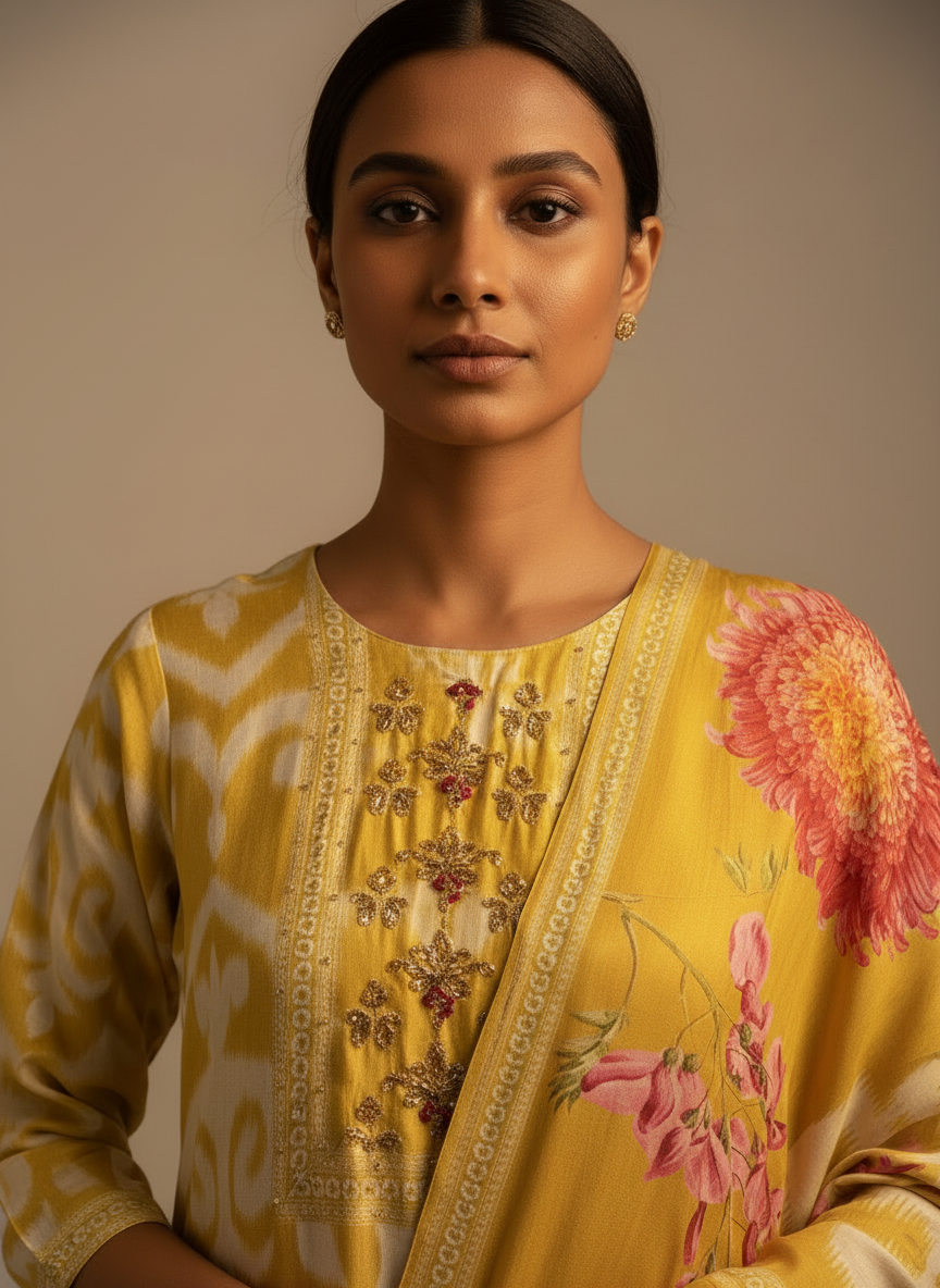 Yellow Ikat Anokhi Bloom Suit Set