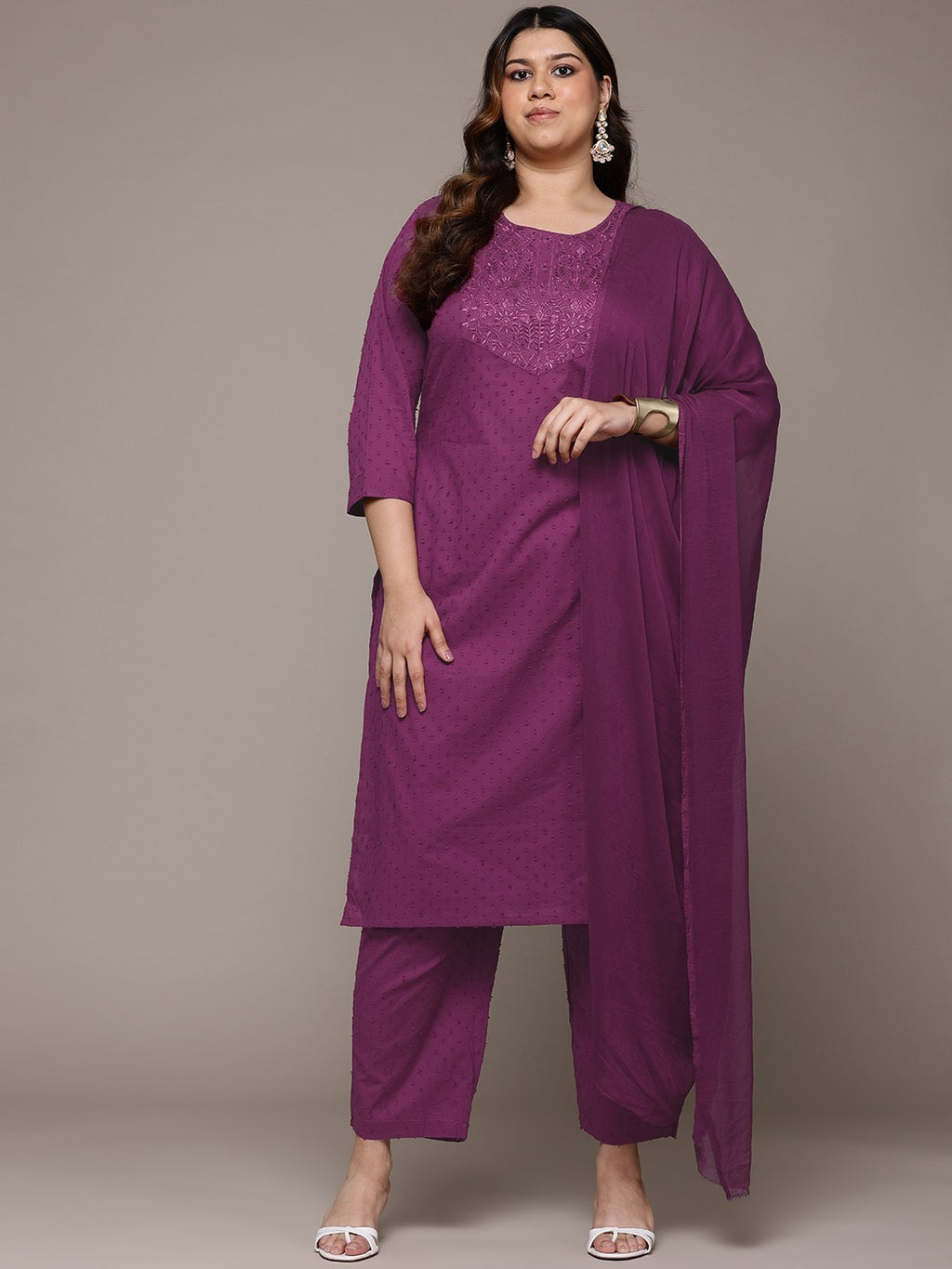 Plum Elegance Plus Size Embroidered Kurti Pant Suit with Dupatta