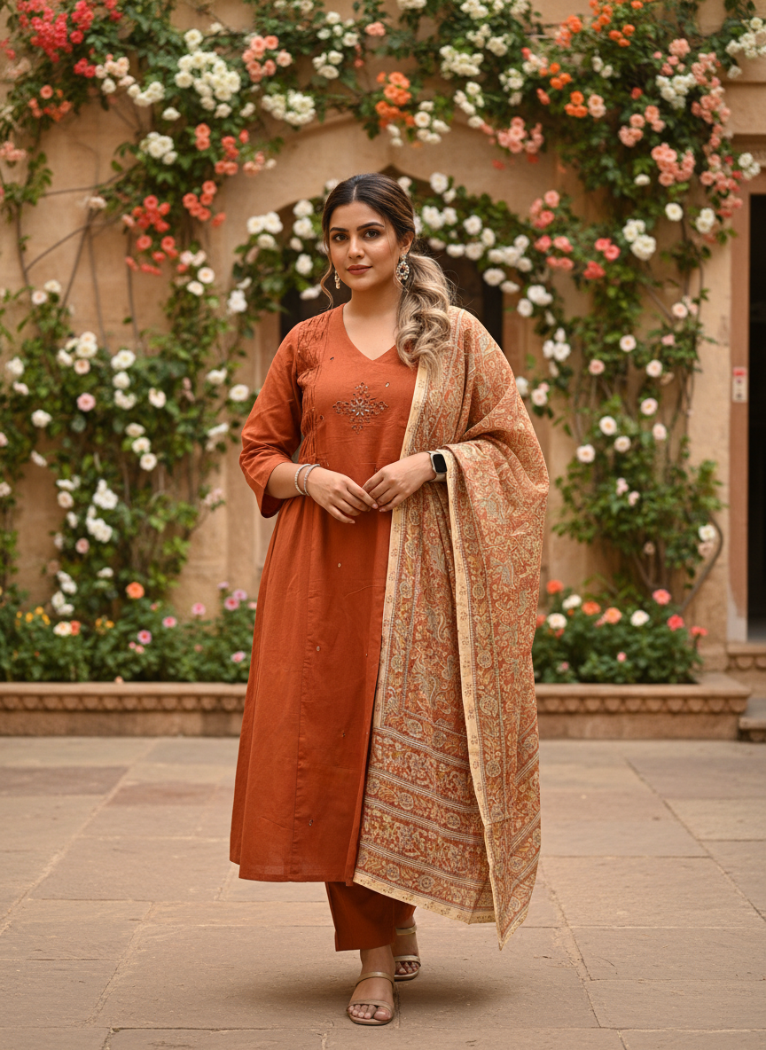 Rust Orange Noor Pintuck Pure Flex Cotton Kurta Set