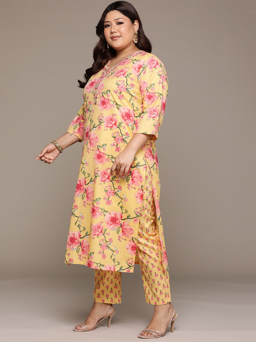 Sunlit Blossom Plus Size Floral Kurti Pant Suit with Dupatta