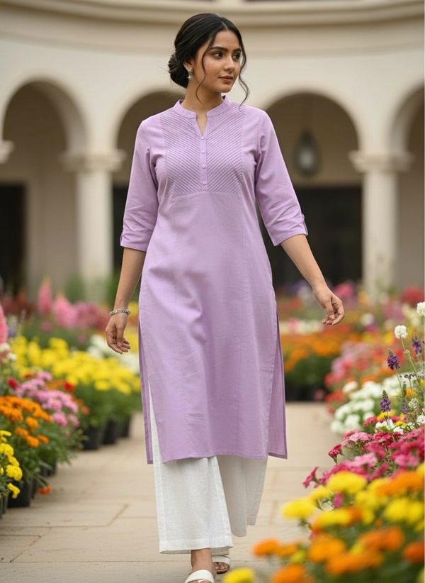 Lavender Monotone Pleated Yoke Kurti