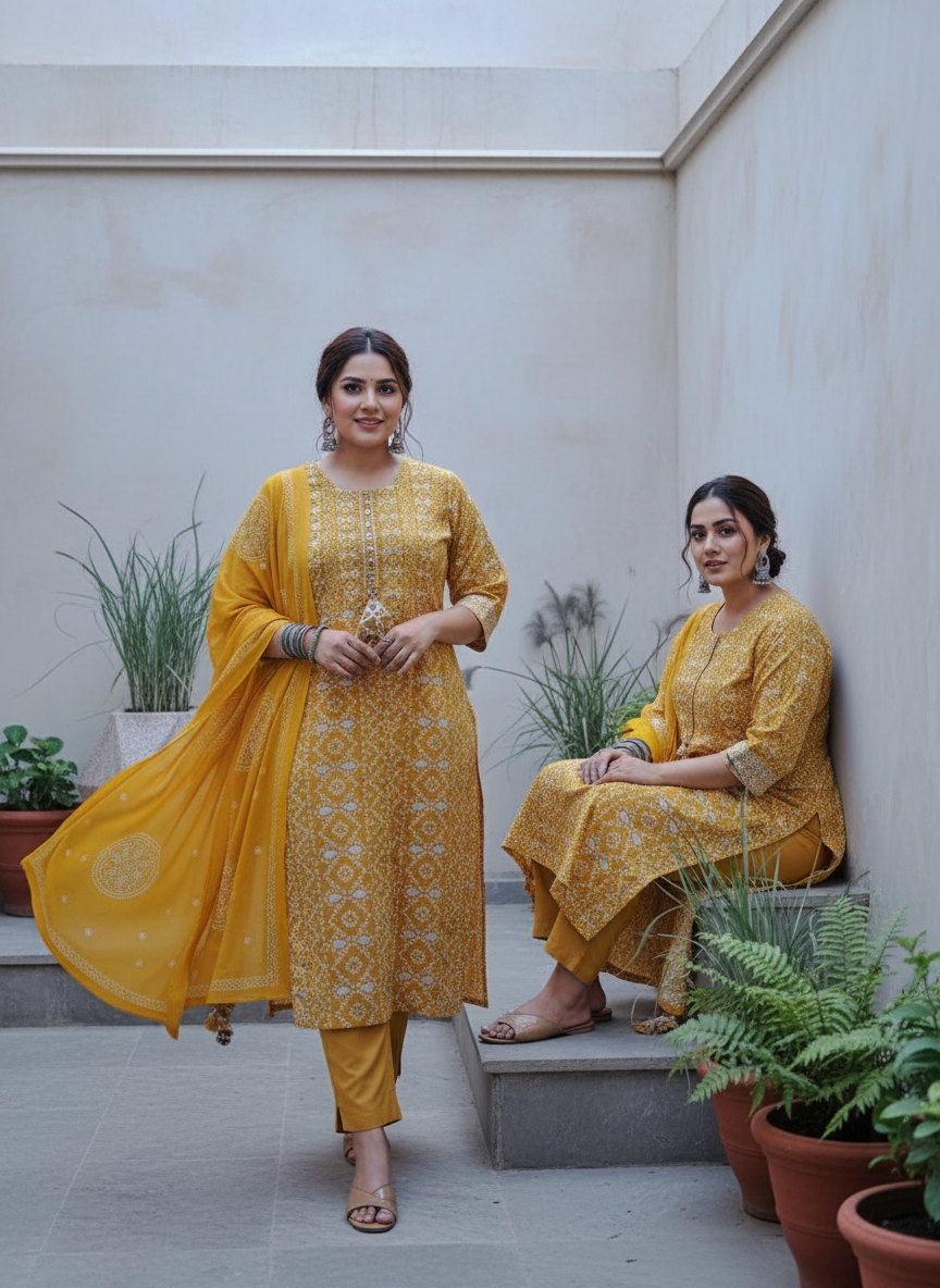 Yellow Bandhani Plus Size Cotton Kurta Set