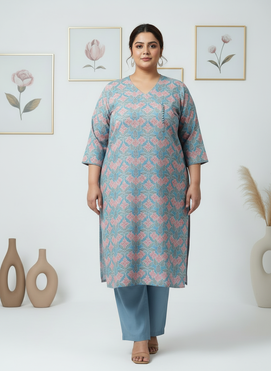Plus Size Sky Blue Pink Angrakha Cotton Kurti