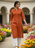 Rust Orange Monotone Pleated Yoke Flex Cotton Kurti