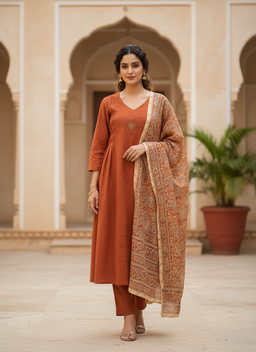 Rust Orange Noor Pintuck Pure Flex Cotton Kurta Set