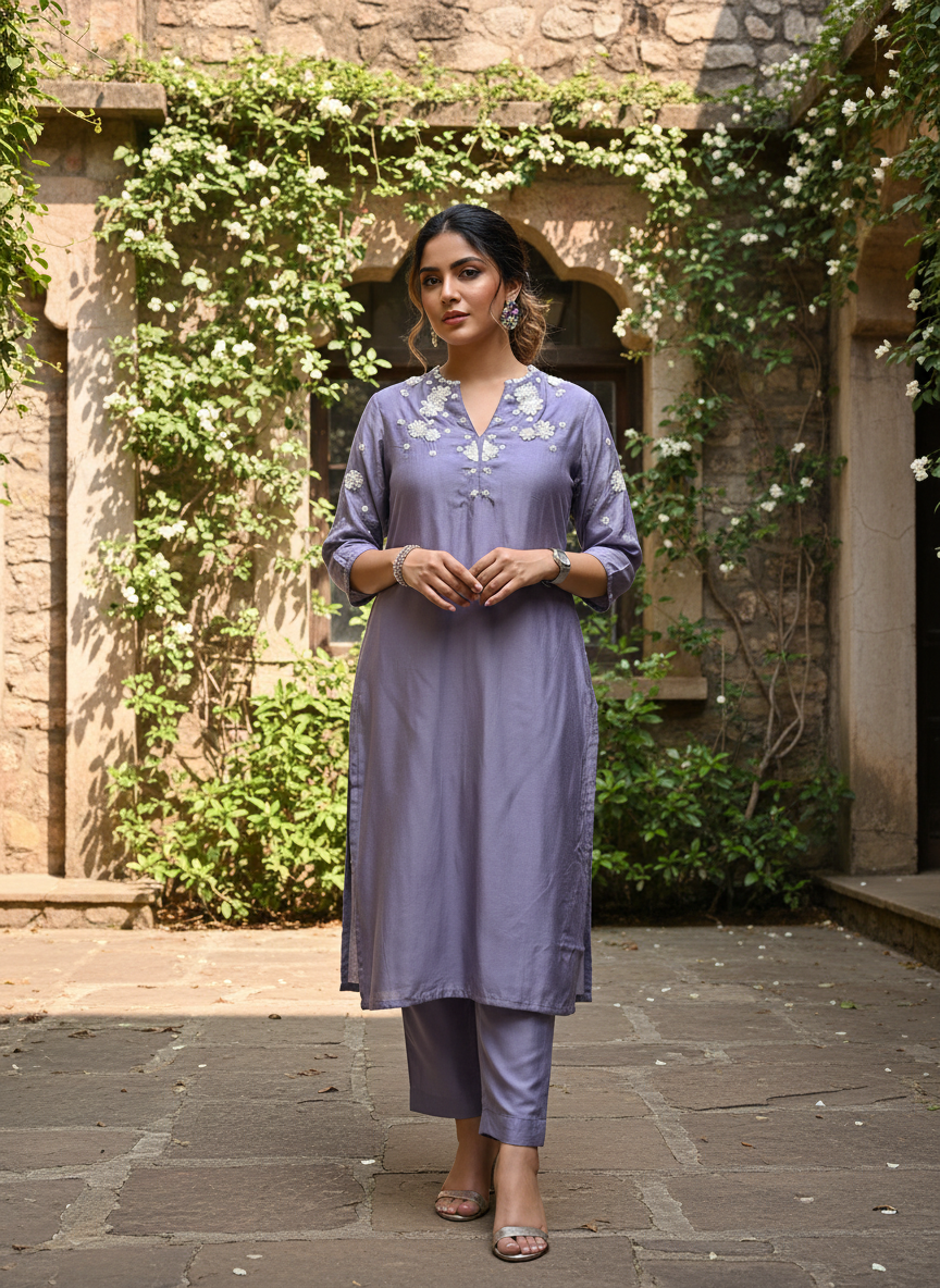 Lavender Bloom Embroidered Mul Chanderi Silk Suit Set