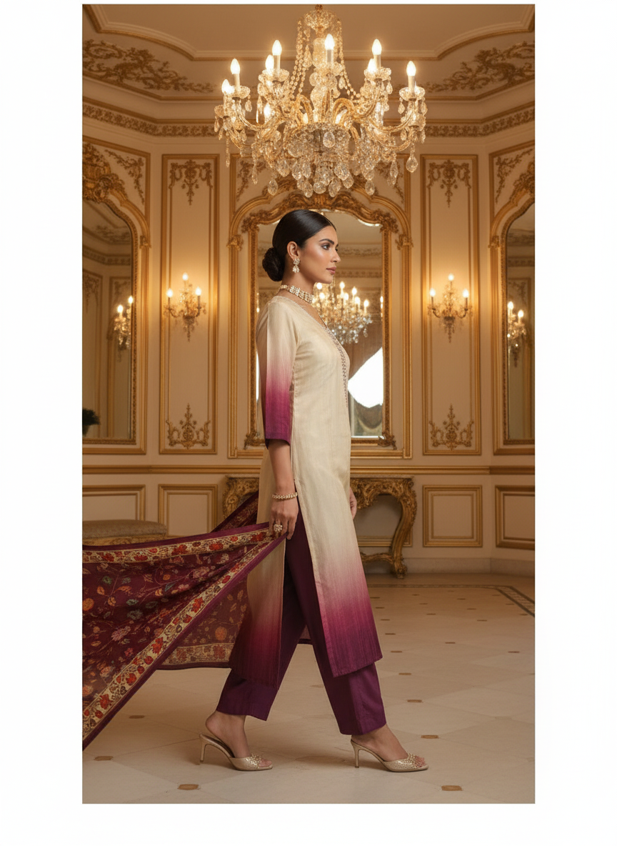 Ombre Dyed Kurta Set with Kalamkari Dupatta - Elegant Ethnic Wear