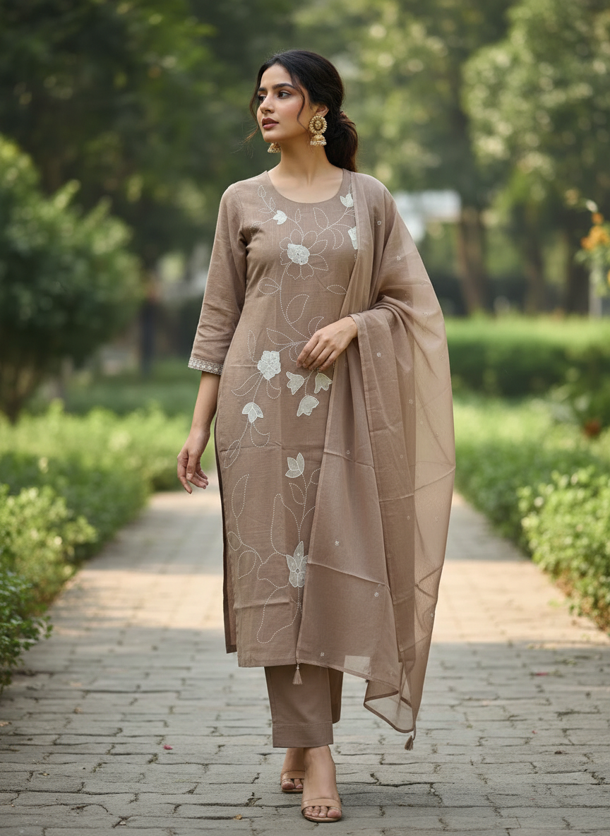 Sand Beige Gulbahar Floral Embroidered Cotton Suit Set