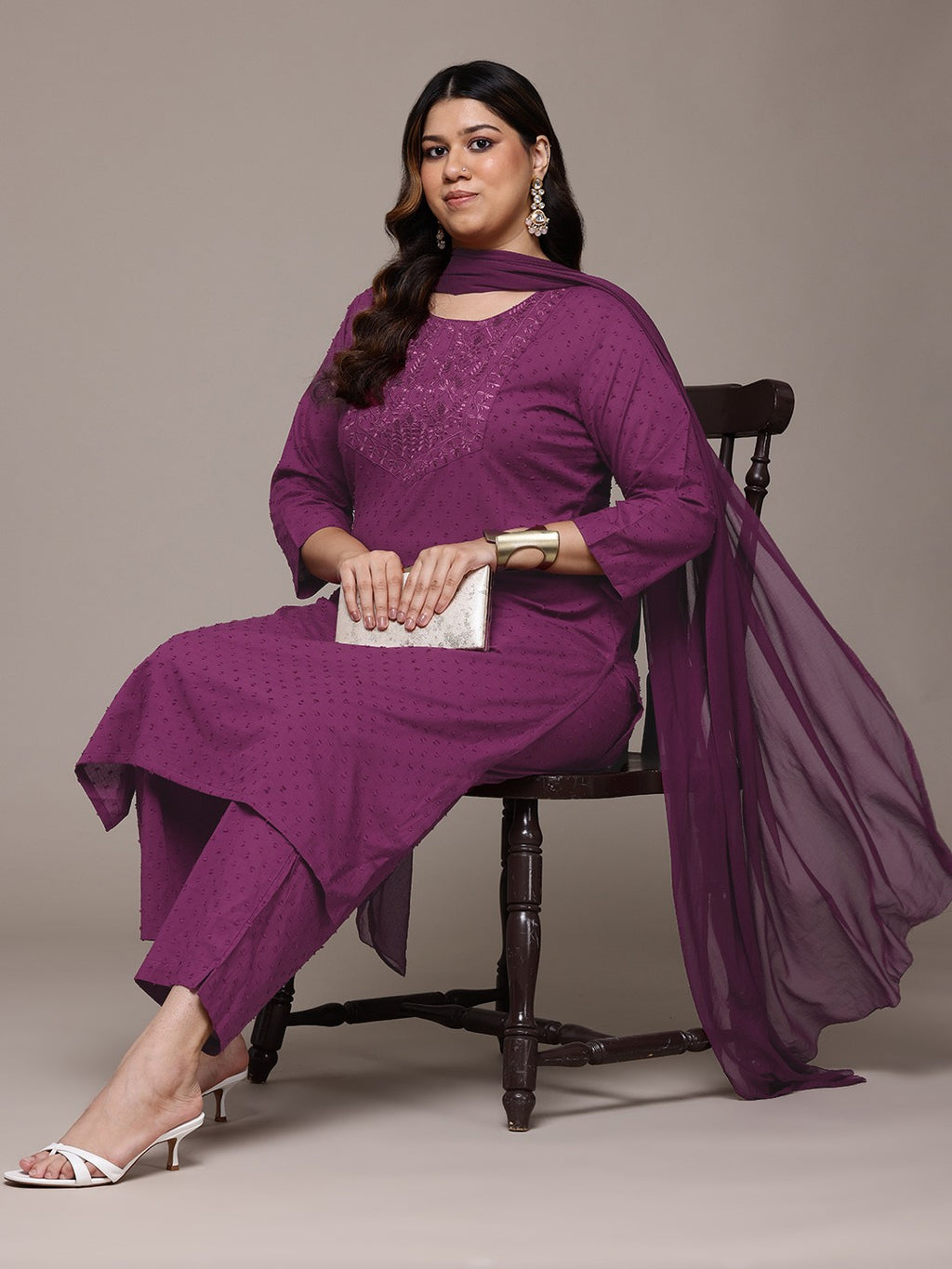 Plum Elegance Plus Size Embroidered Kurti Pant Suit with Dupatta