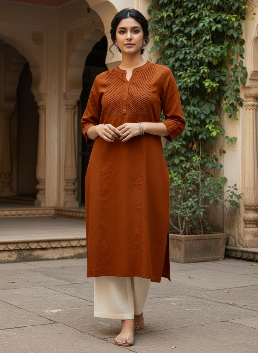 Rust Orange Monotone Pleated Yoke Flex Cotton Kurti