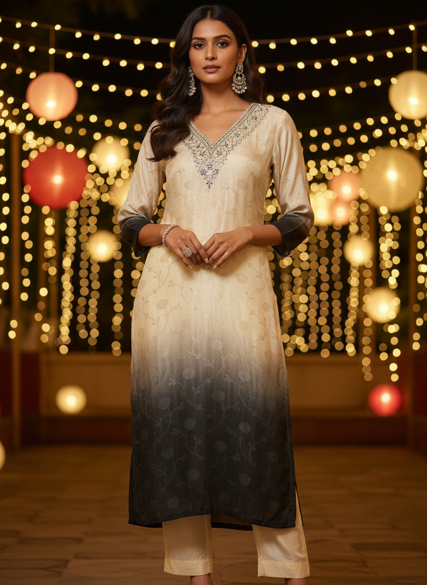 Ombre Straight Kurta set with kalamkari dupatta- Designer