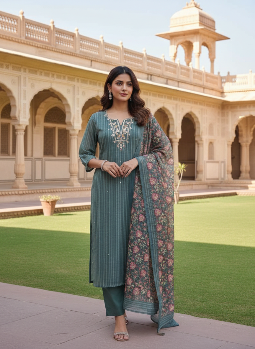 Premium Chanderi Suit Set in Yellow, Blue & Pink