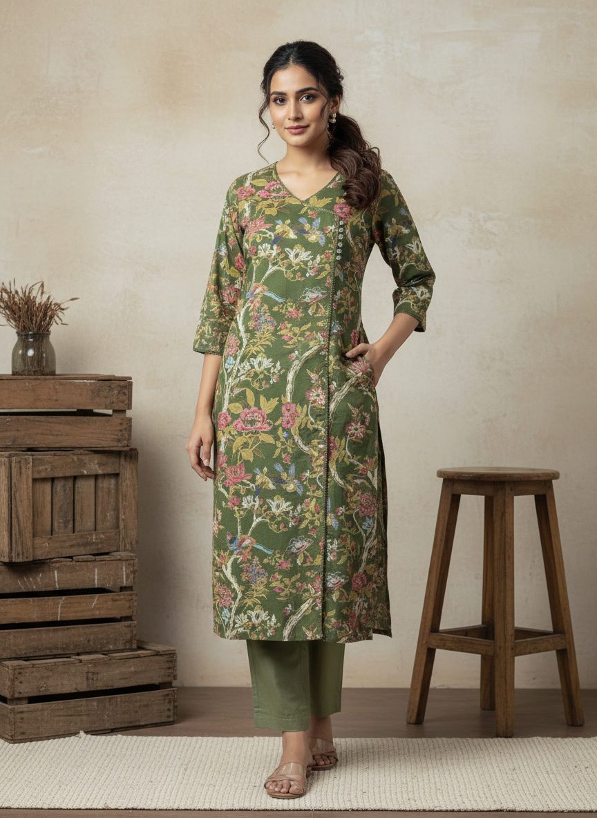 Pastel Green Angrakha Pure Cotton Floral Kurti