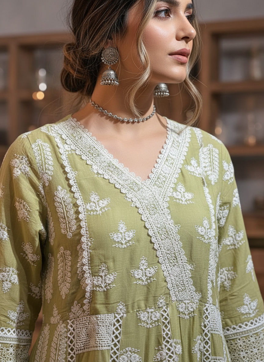 Olive Green Chikankari Grace Mul Cotton 3-Piece Suit Set