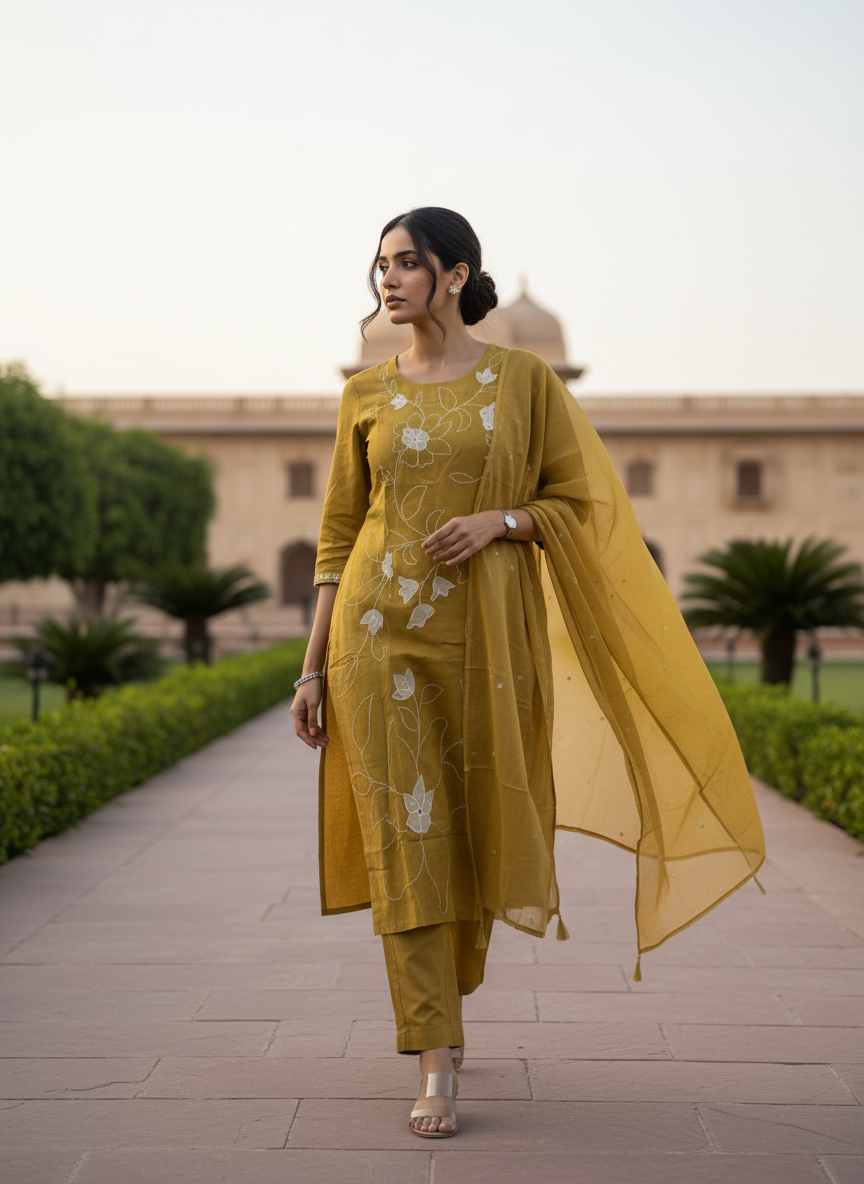 Mustard Yellow Gulbahar Floral Embroidered Cotton Suit Set