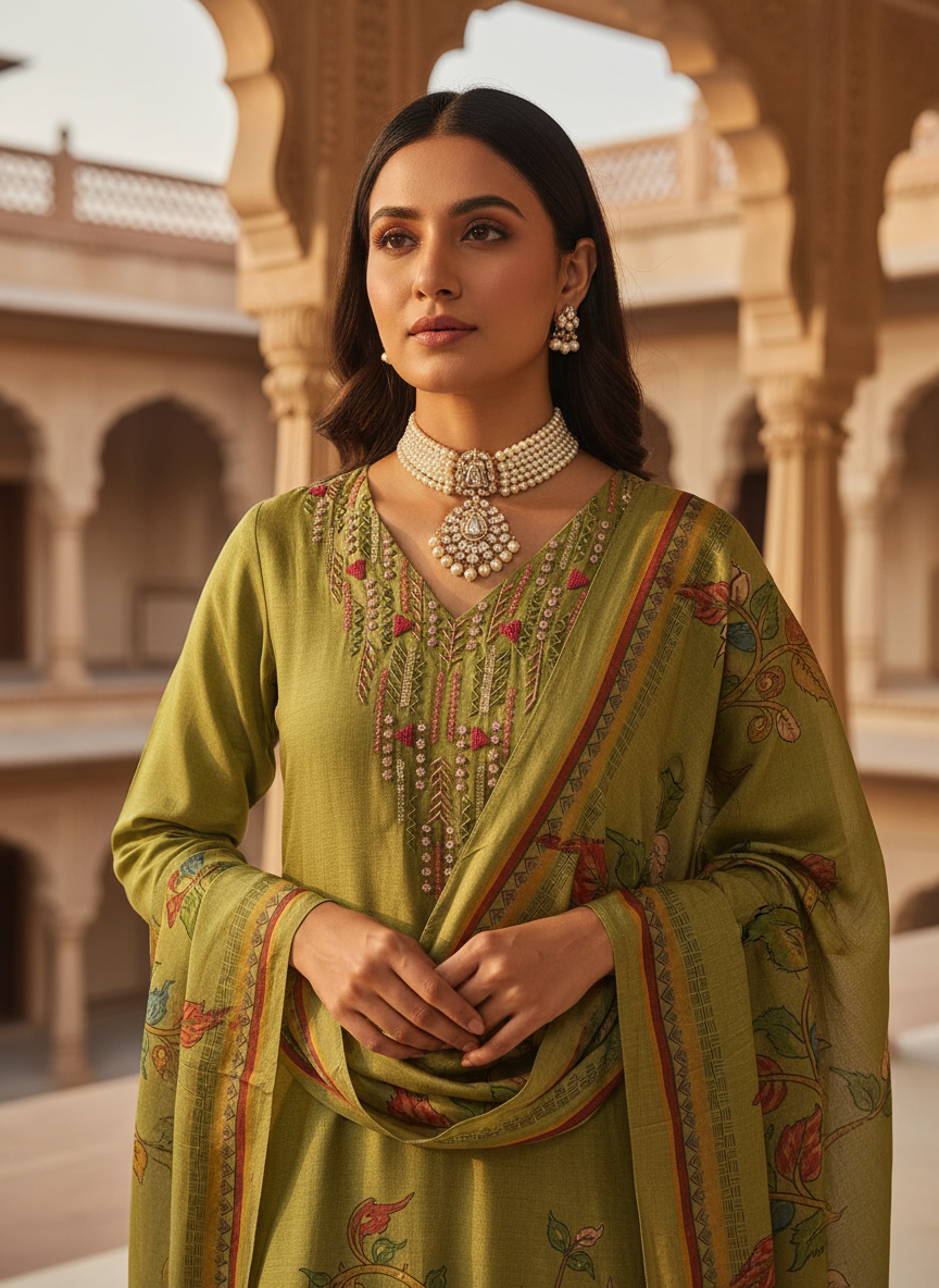 uslin Green Pichwai Print Kurta Set