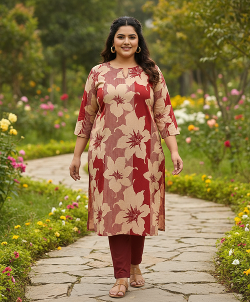 Autumn Bloom Plus Size Floral Cotton Straight Kurti