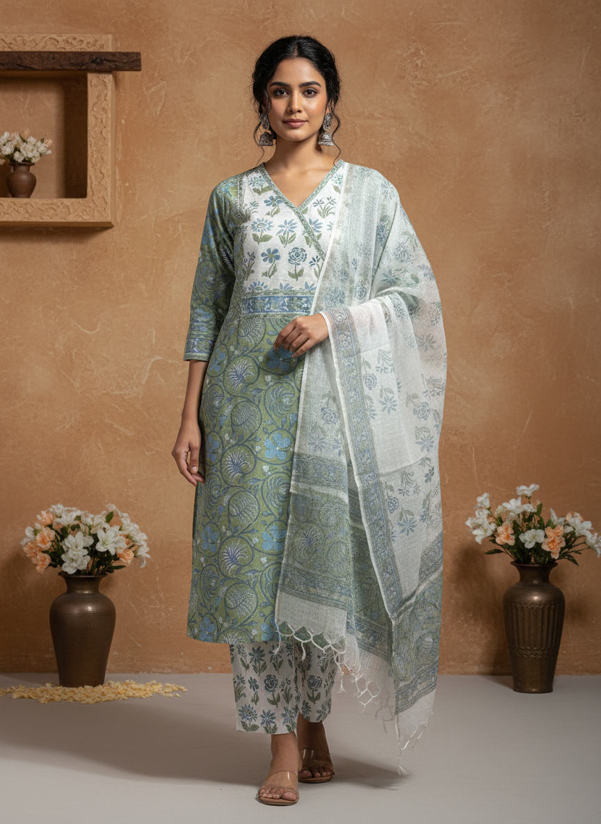 Sage Meadow Handblock Printed Cotton Kurta Pant Dupatta Set