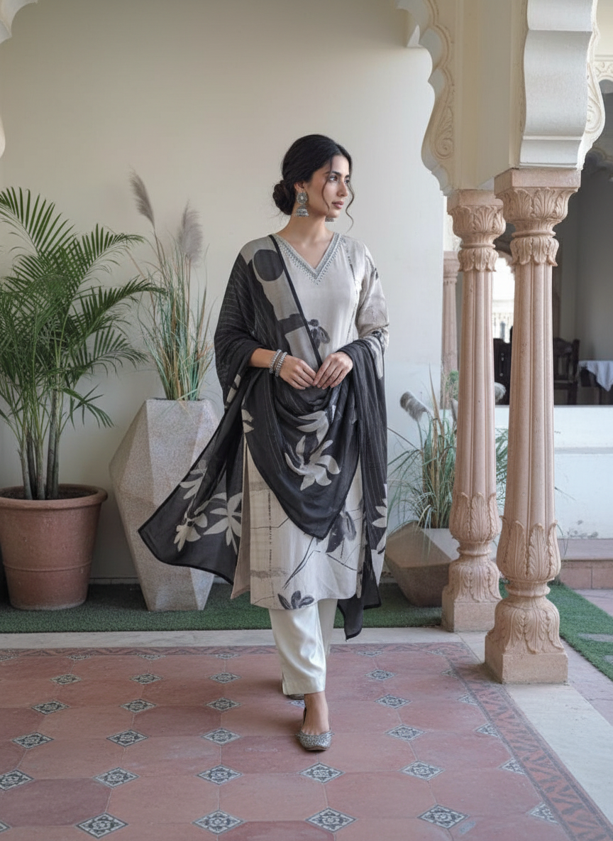 Muslin Noir Mist Digital Suit Set - Modern Elegance in Monochrome