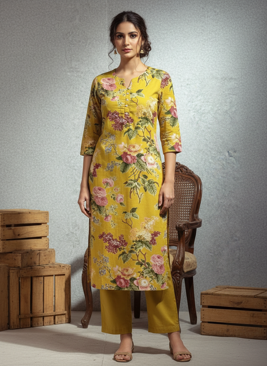 Yellow Floral Pure Cotton Kurti