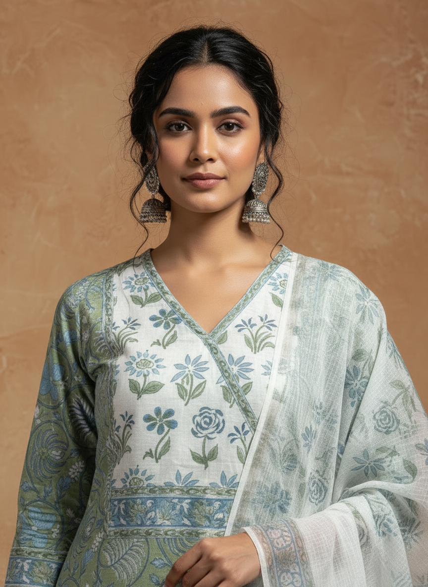 Sage Meadow Handblock Printed Cotton Kurta Pant Dupatta Set