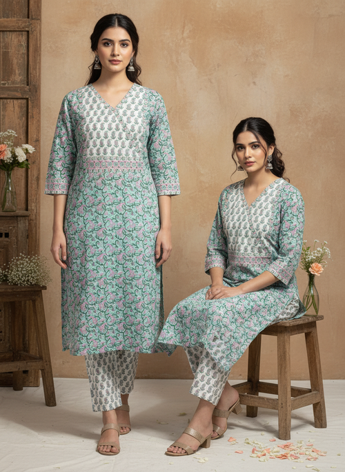 Aqua Paisley Handblock Printed Cotton Kurta Pant Dupatta Set