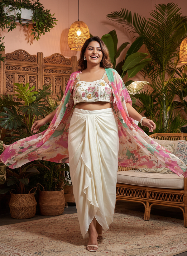 Pastel Bloom Georgette Cape & Chinon Drape Skirt Indo-Western 3 Pc Set