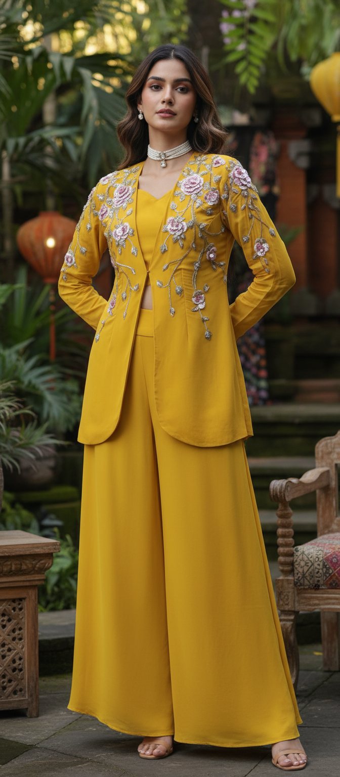 Yellow Pure Georgette Cape Jacket Set - 3 Pc