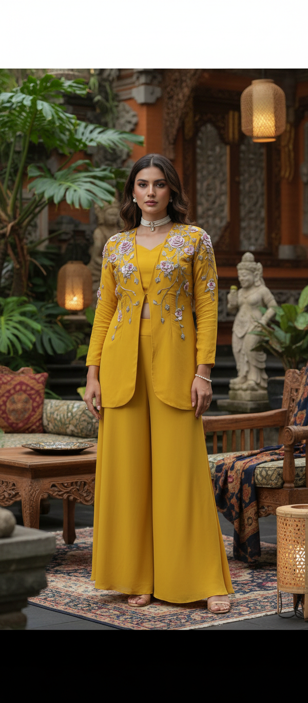 Yellow Pure Georgette Cape Jacket Set - 3 Pc